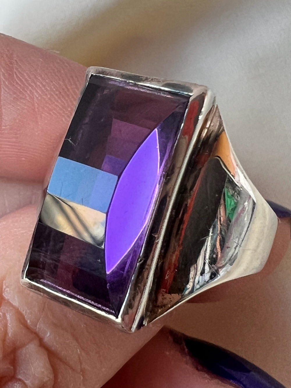 VINTAGE BADAVICI STEP CUT PURPLE AMETHYST 14K GOLD STERLING SILVER RING HEAVY